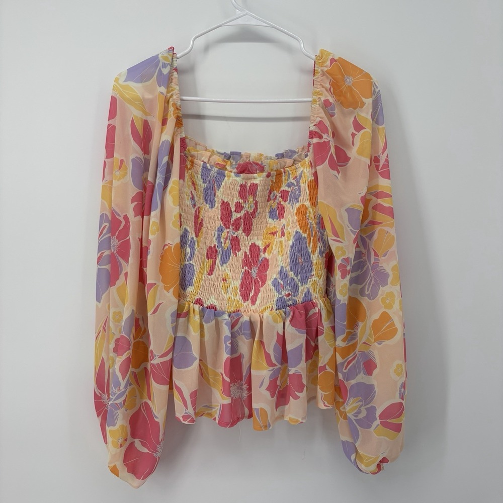 Baltic Born Sally Smocked Top Large Pink Multi‎ Floral Peplum Hem Blouse Shirt